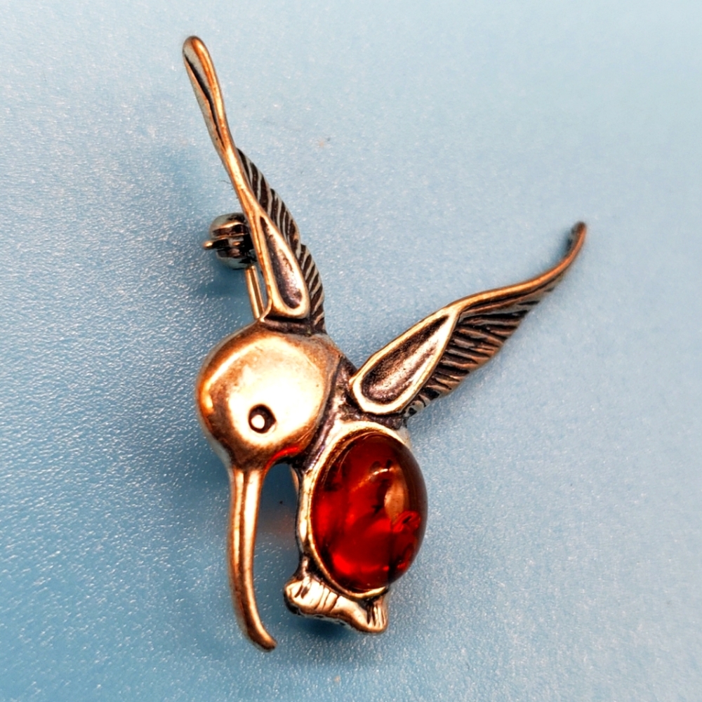 BALTIC AMBER STERLING SILVER 925 HUMMINGBIRD BROOCH PIN JEWELLERY JEWELRY